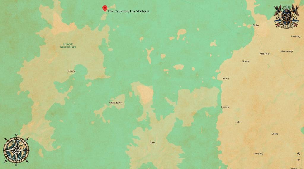 Map of Komodo National Park showing The Cauldron/The Shotgun.